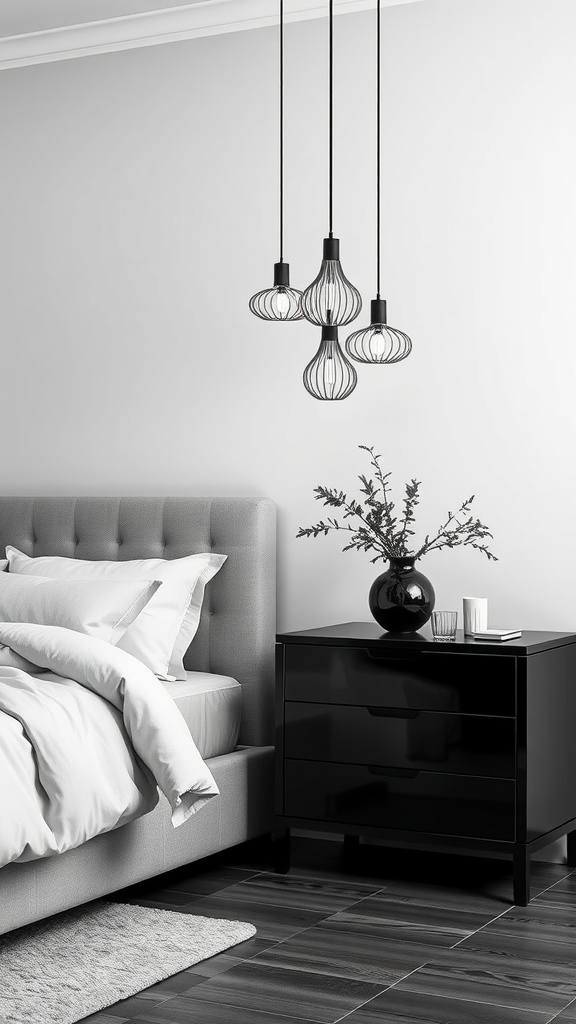 A black and white bedroom featuring three stylish pendant lights above a bed, with a nightstand and decor.