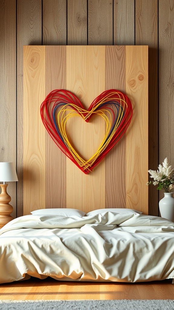 Colorful string art heart design on a wooden background