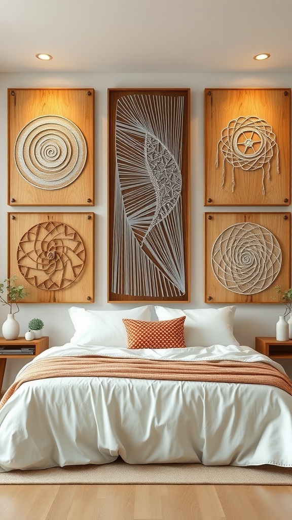 A collection of string art pieces displayed on a wall above a bed, featuring various intricate designs in wooden frames.