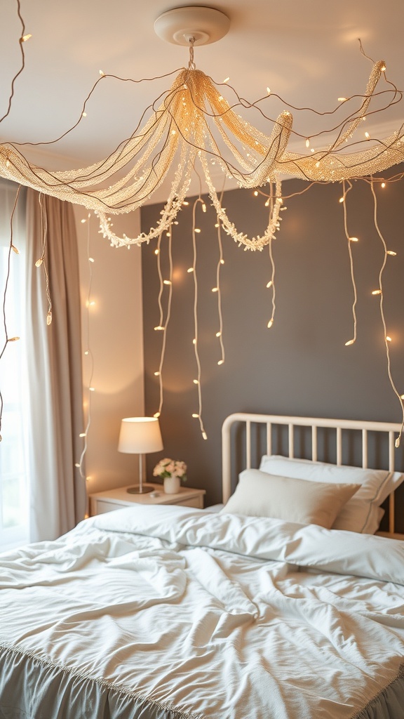 A cozy bedroom with a string light canopy draped from the ceiling, creating a warm and inviting atmosphere.