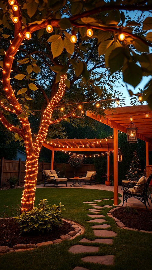 A cozy backyard scene illuminated with string lights wrapped around a tree and patio.