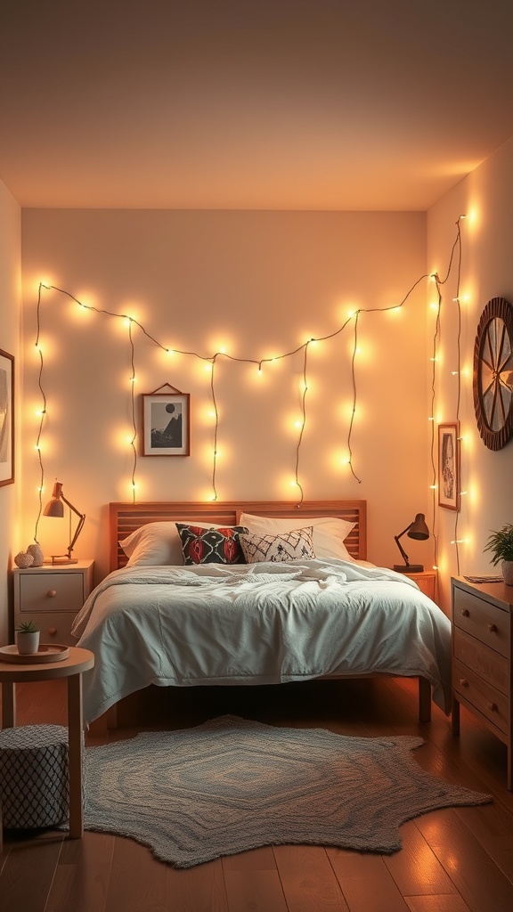 A cozy bedroom with string lights creating a warm glow on the walls.