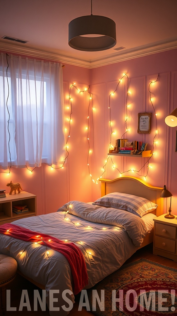 A cozy bedroom with string lights draped on the walls and bed.