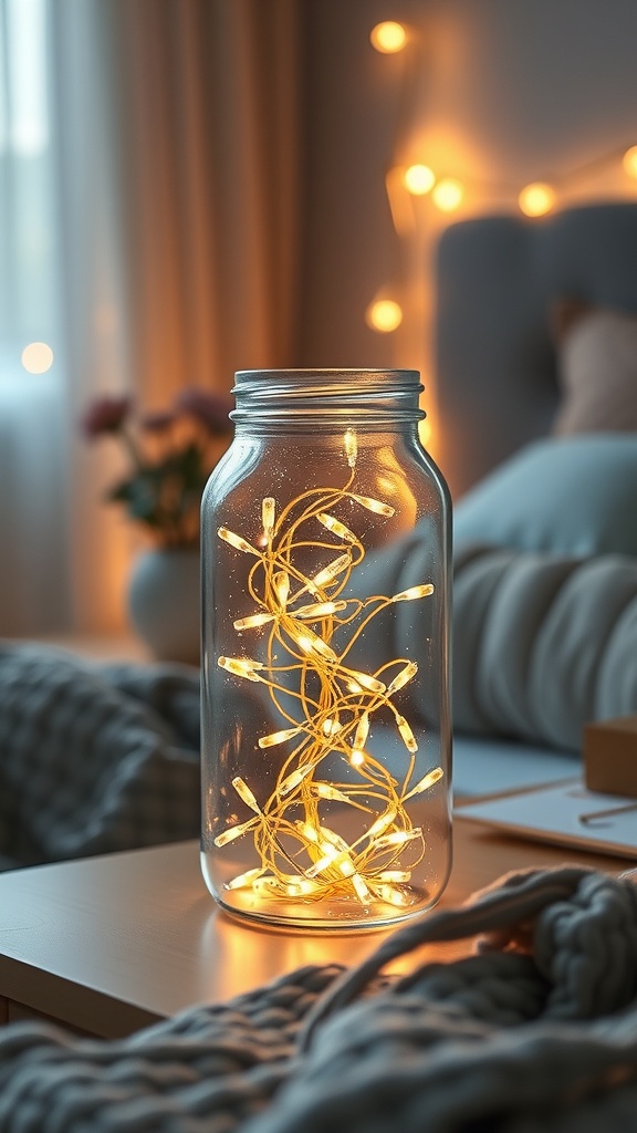 A glass jar filled with warm fairy lights on a bedside table, creating a cozy atmosphere.