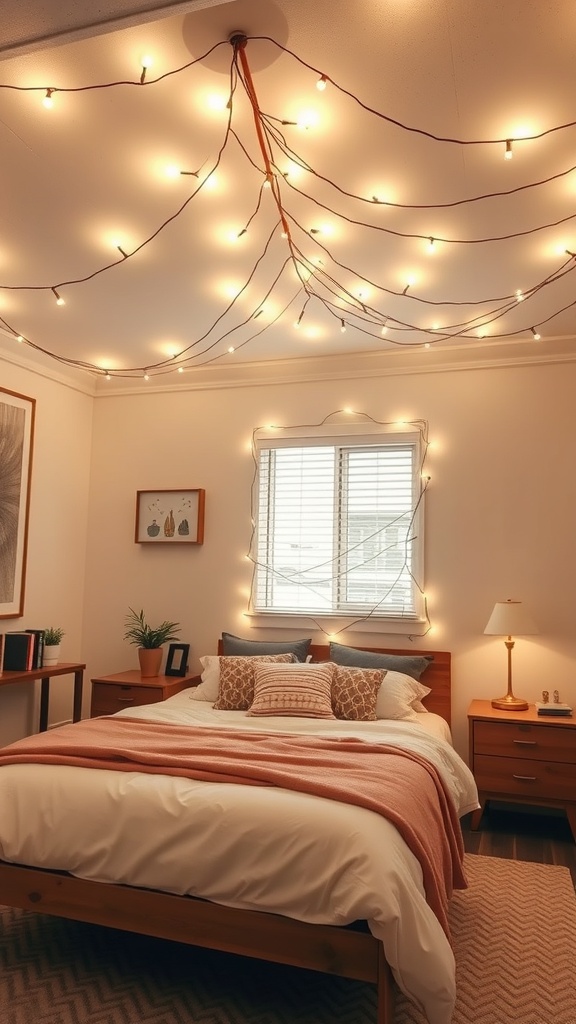 A cozy bedroom with string lights arranged in a unique pattern on the ceiling, creating a warm atmosphere.