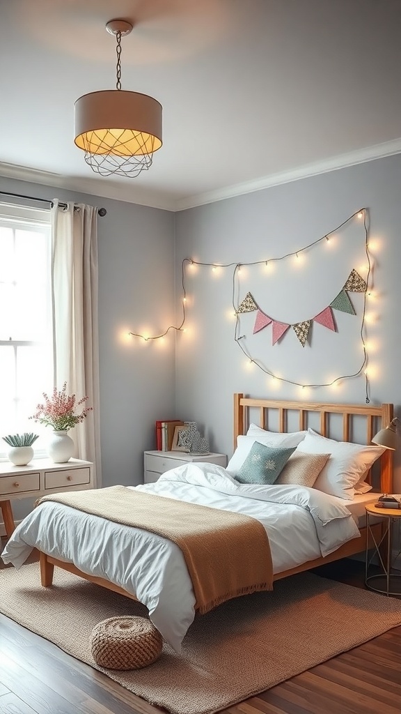 A cozy bedroom with string lights arranged in unique shapes, creating a warm and inviting atmosphere.