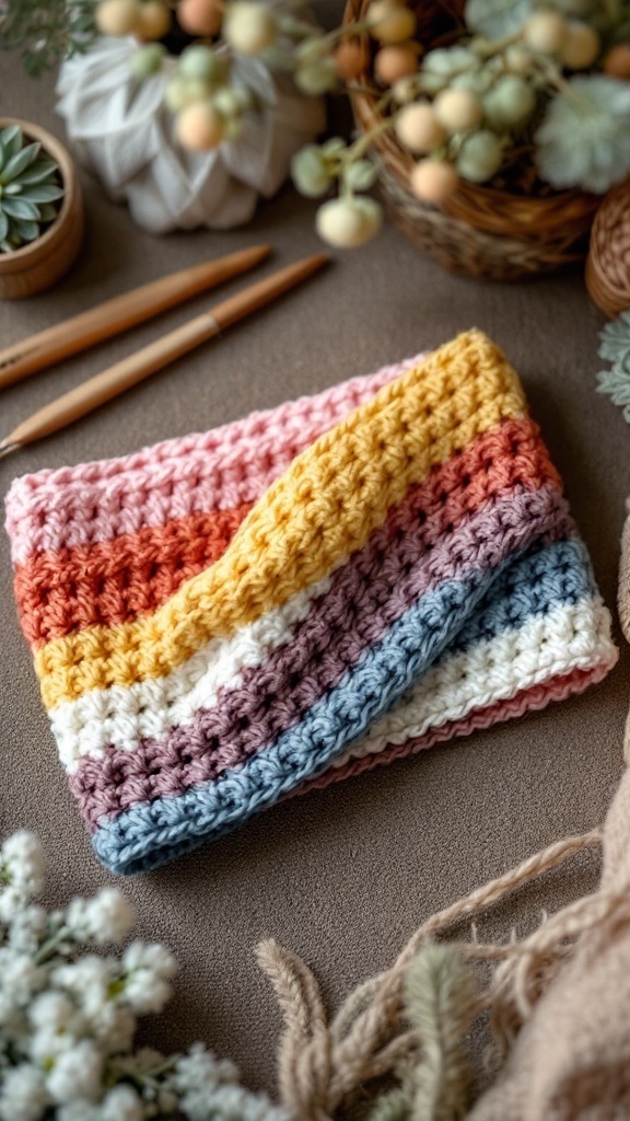 A striped color block crochet headband in soft pastel shades, laid on a textured surface surrounded by crafting supplies.