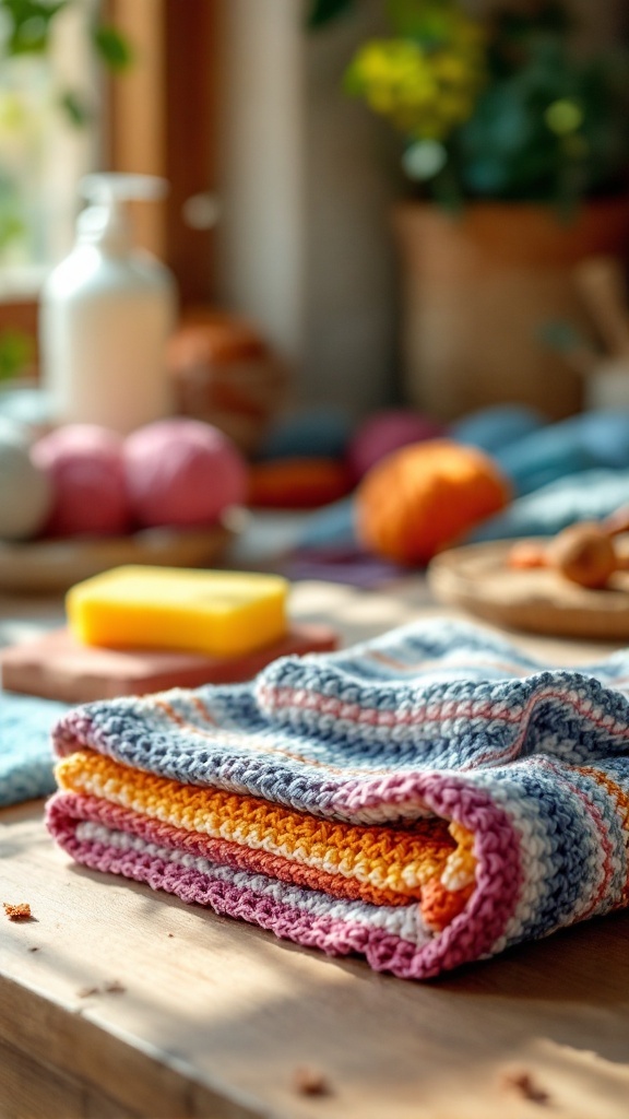 A folded striped cotton dishcloth in vibrant colors, surrounded by crafting supplies on a wooden table.