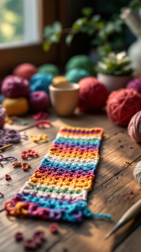 A colorful striped crochet bookmark on a wooden table with yarn balls and crochet supplies.