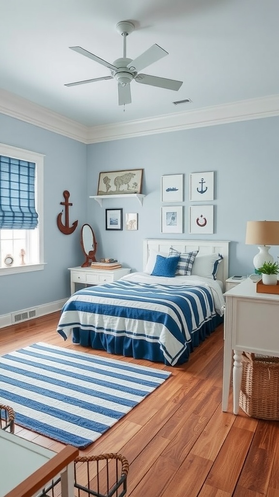 A bedroom with a striped rug, blue walls, and nautical decor