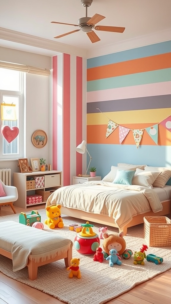 A colorful bedroom with striped walls and toys scattered on the floor.