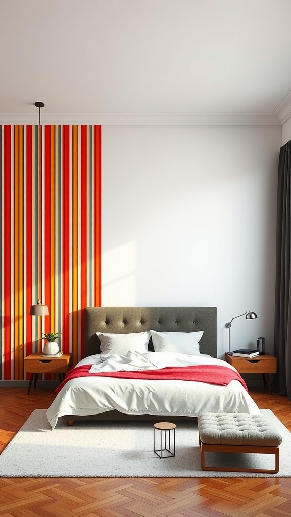 A bedroom with a striped accent wall in red, orange, and blue, featuring a gray bed and wooden furniture