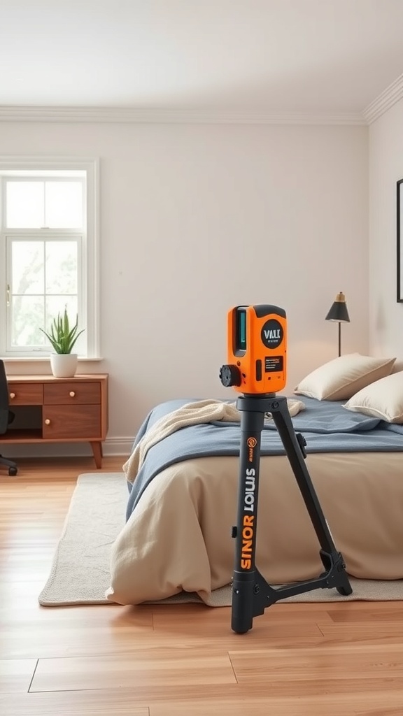 A stud finder on a tripod in a cozy bedroom, highlighting its importance for wall projects.