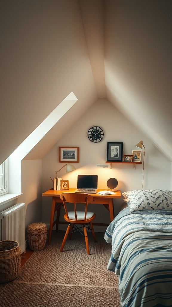 Cozy study space under the eaves with a wooden desk, a chair, and decorative items.