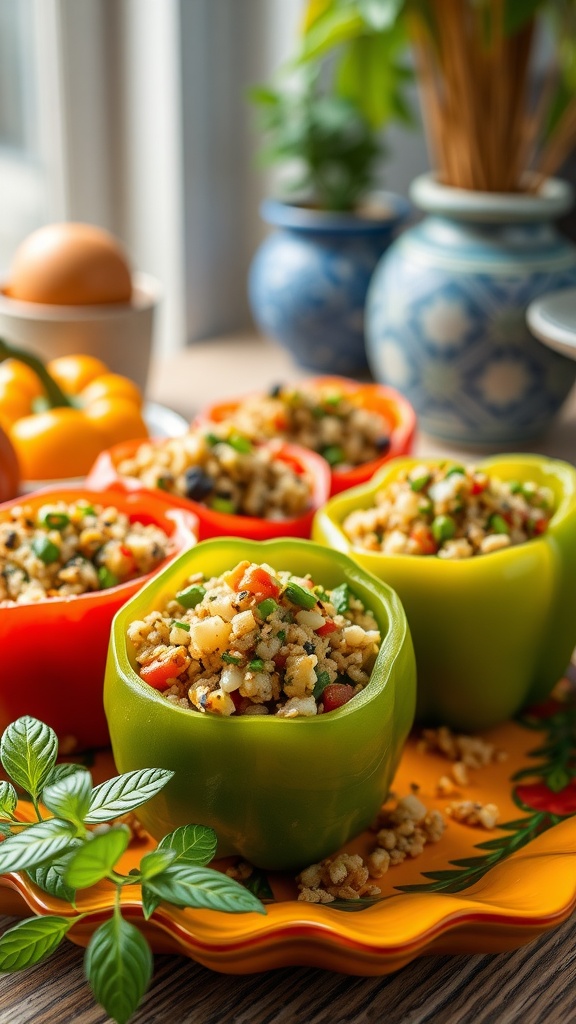 Colorful stuffed bell peppers filled with quinoa and vegetables on a decorative plate