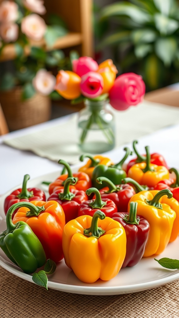 A platter of colorful stuffed mini peppers on a table with flowers in the background