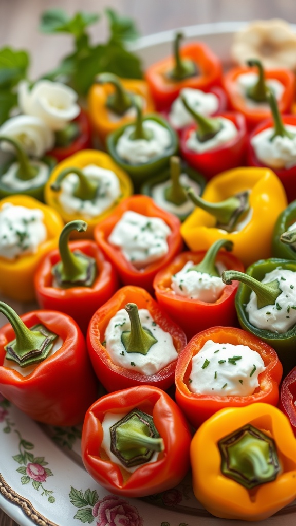 A vibrant assortment of stuffed mini peppers filled with cream cheese and herbs.