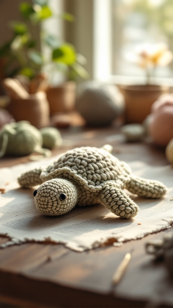 A handmade crochet turtle sitting on a table surrounded by yarn and plants.