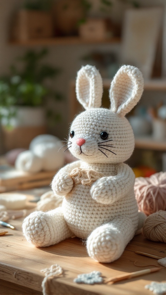 A cute, crocheted bunny sitting on a wooden table, surrounded by yarn and crafting supplies.