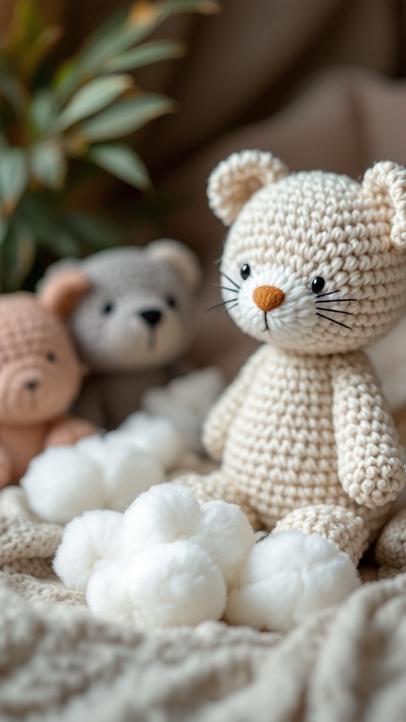 A collection of crochet stuffed animals with fluffy white stuffing around them.