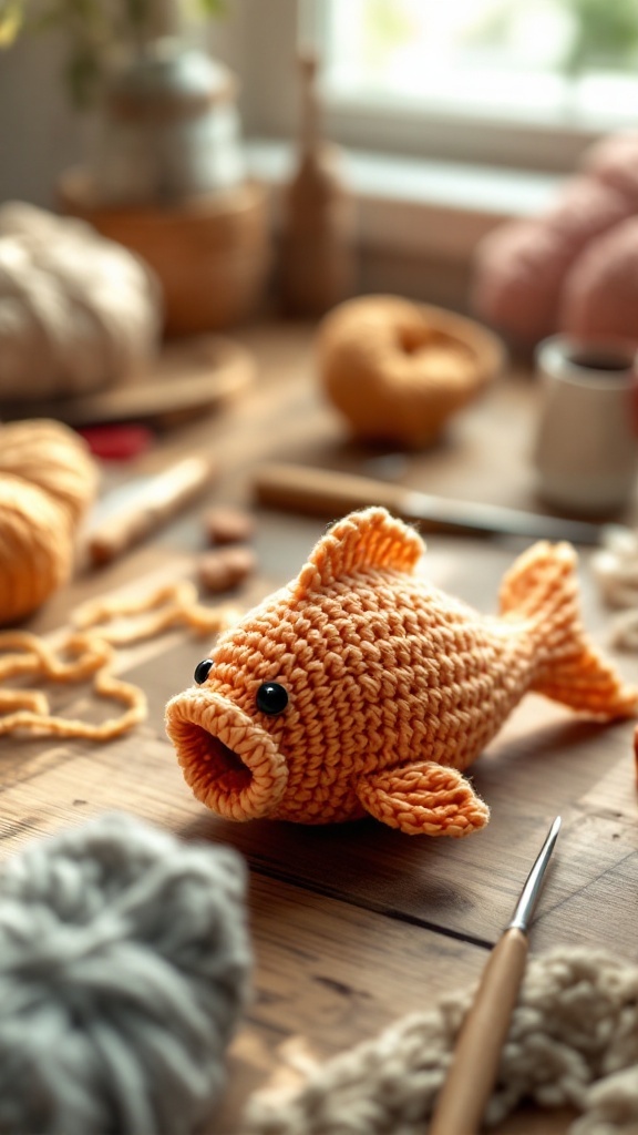 A vibrant orange crocheted fish with large eyes, sitting on a wooden table surrounded by yarn and a crochet hook.