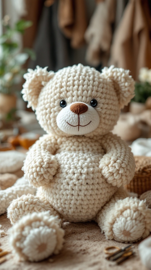 A cute crochet teddy bear sitting on a soft surface, showcasing its round body and friendly face.