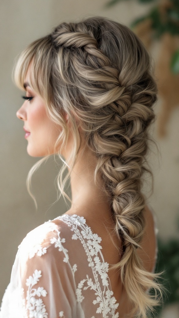 Wedding hairstyle featuring a fishtail braid and short bangs