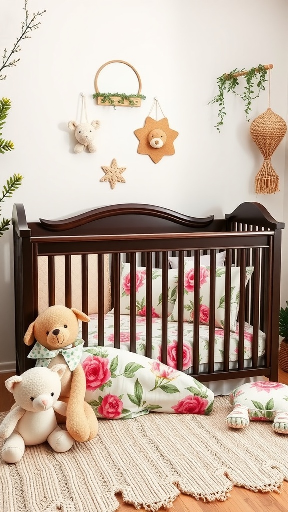 Floral bedding set in a nursery with plush toys and decorative elements