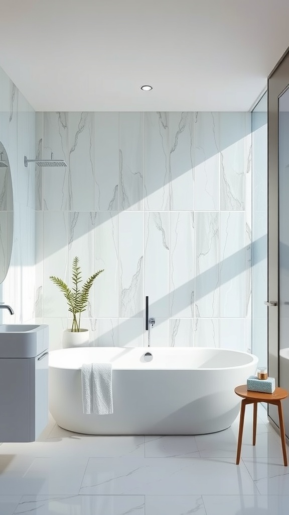A modern bathroom featuring glass tiles, a sleek bathtub, and a plant.