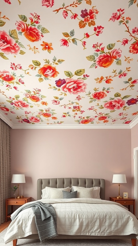 Bedroom featuring floral wallpaper on the ceiling with neutral walls and decor.