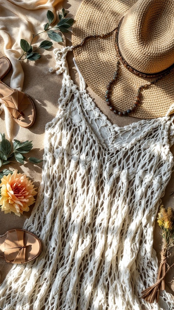 Crochet mesh dress with a straw hat, sandals, and floral accents.