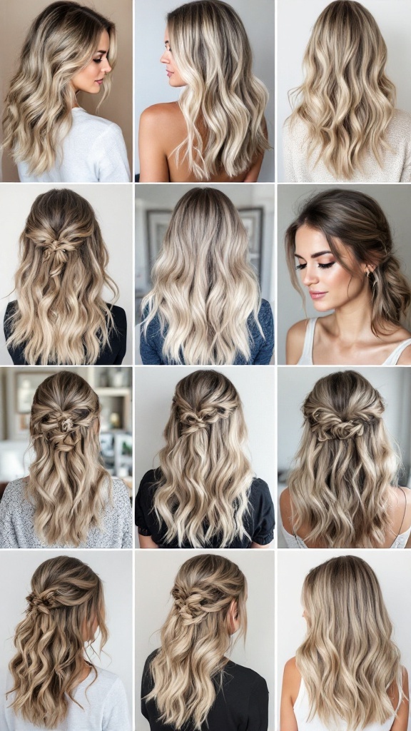 A collage of different hairstyles featuring ash blonde balayage, showcasing various styles suitable for different occasions.