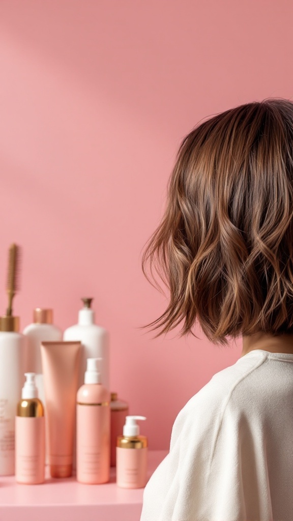 A short bob hairstyle with soft waves, styled alongside various hair products in soft pink packaging on a pastel pink background.