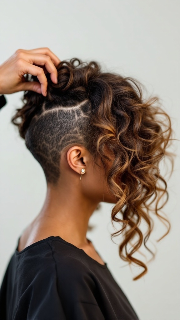 A woman showcasing a butterfly cut hairstyle with curly top and shaved sides.