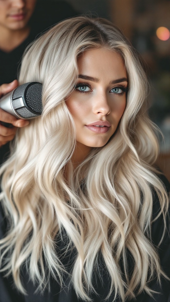 A woman with platinum blonde balayage hair being styled with a hairdryer in a salon setting.