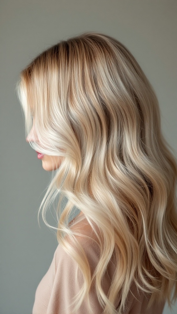 A side view of a woman with blonde highlights on dirty blonde hair styled in soft waves.