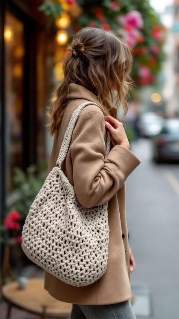 A woman wearing a beige coat and holding a crochet shoulder bag, walking on a street with flowers in the background.