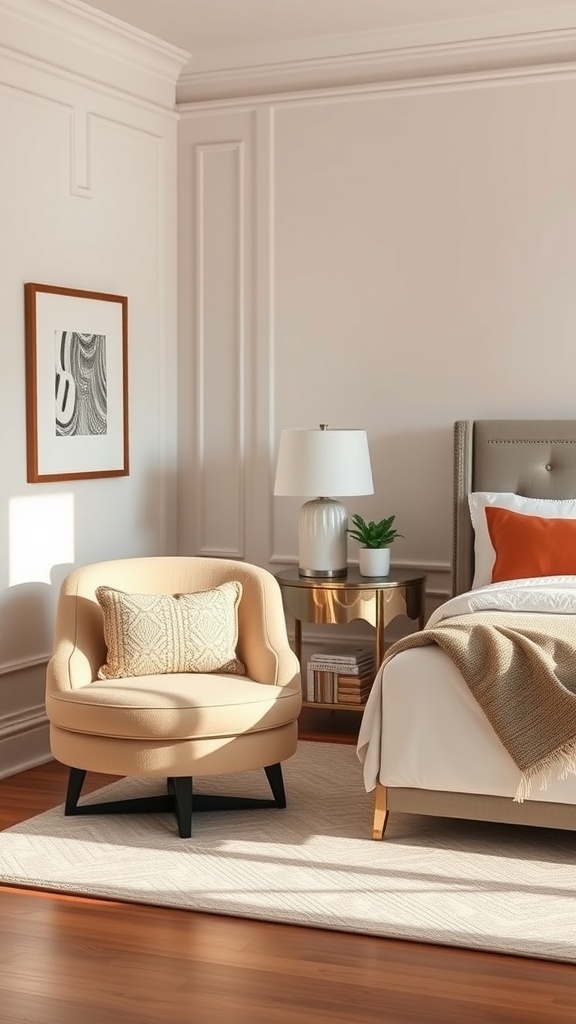 A stylish bedroom featuring a cozy accent chair, modern side table, and decorative elements.