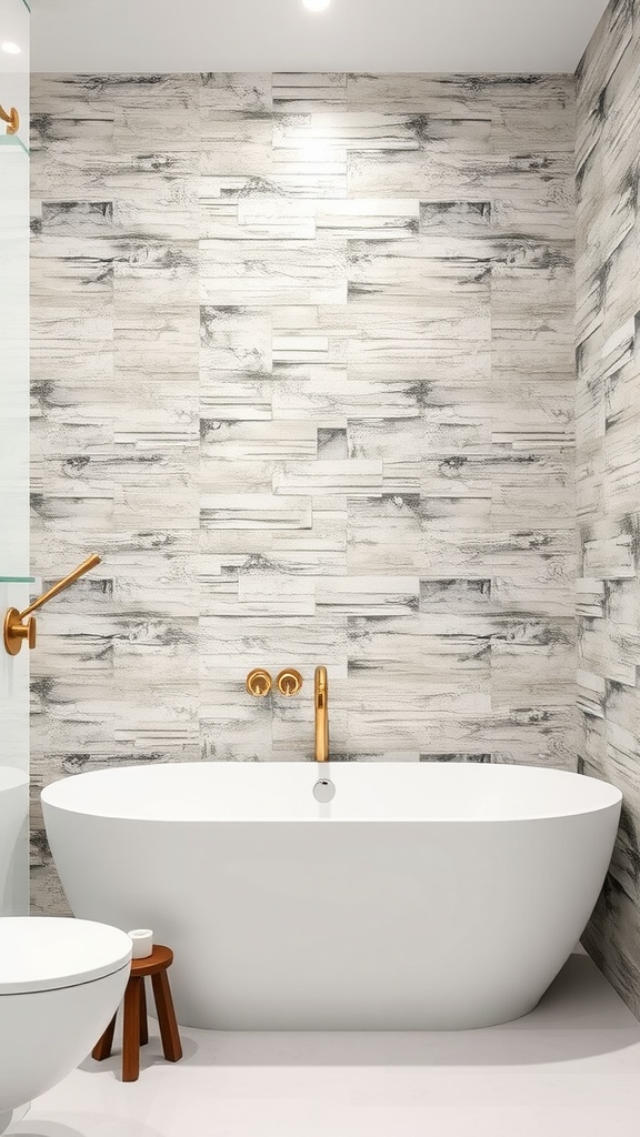 Stylish accent wall in a modern bathroom featuring textured tiles and a sleek bathtub.