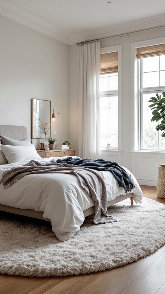 A cozy bedroom featuring a plush round area rug, a neatly made bed, and natural light from large windows.