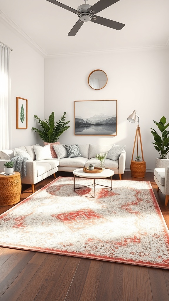 A stylish living room featuring a patterned area rug, comfortable seating, and decorative plants.