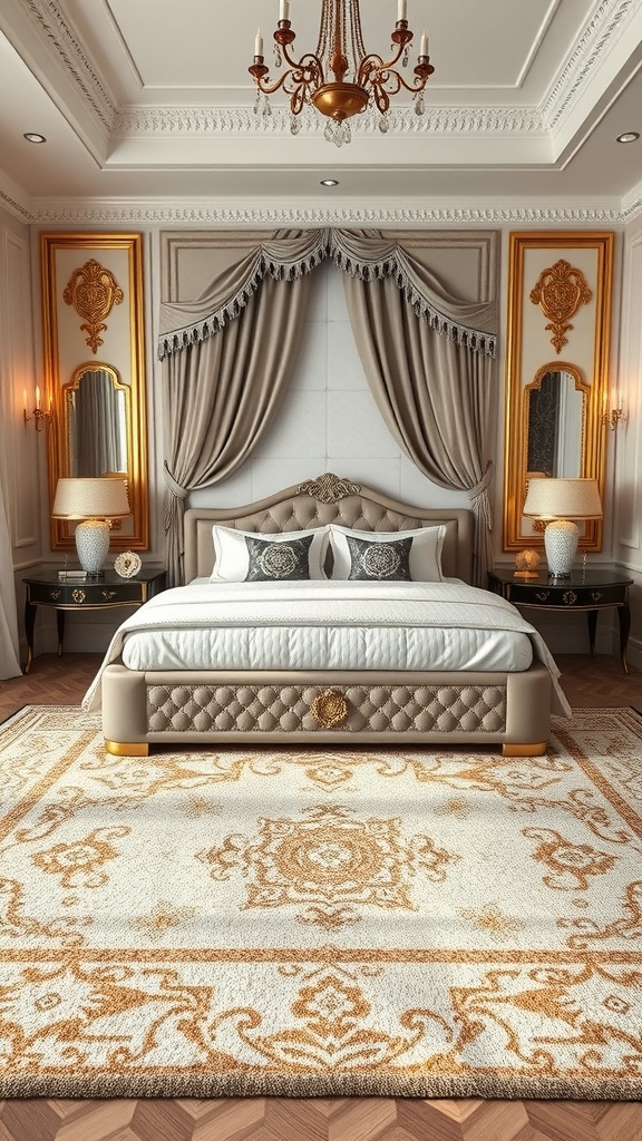 A luxurious bedroom featuring a stylish area rug with intricate design and golden accents.