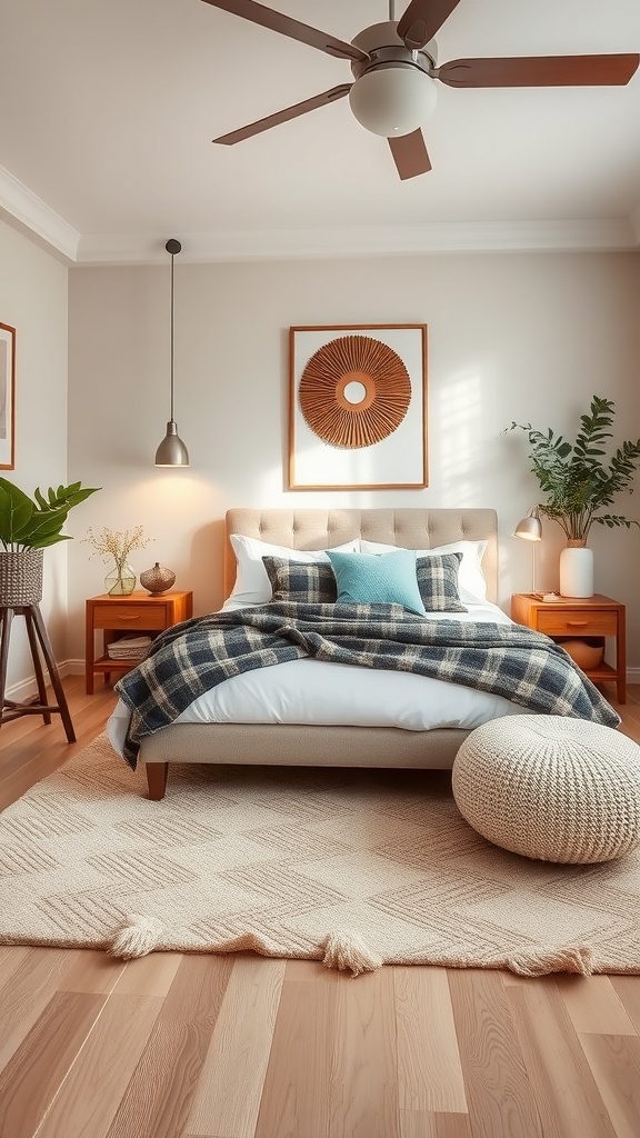 Stylish bedroom featuring a cozy area rug, bed with plaid blanket, and modern decor.
