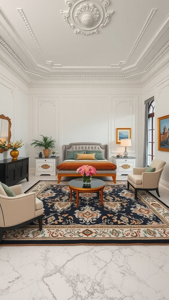 Elegant bedroom with a stylish area rug, a cozy seating area, and a luxurious bed.