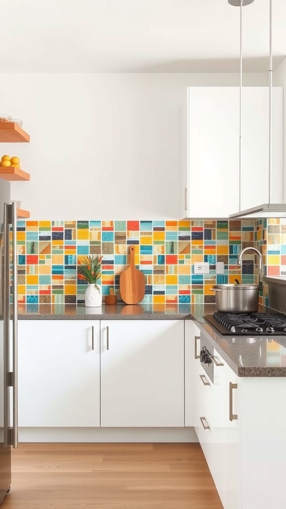 A colorful kitchen backsplash featuring a variety of vibrant tiles, paired with white cabinets and modern appliances.