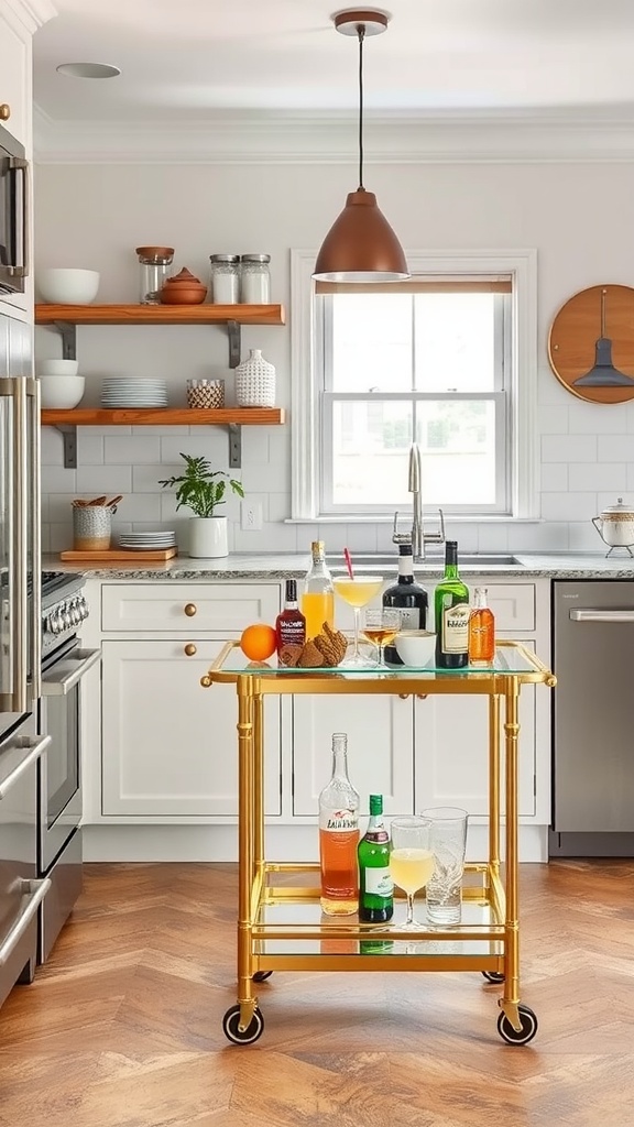 A stylish gold bar cart with drinks and snacks in a modern kitchen.