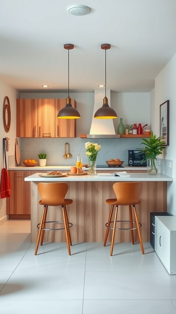 Stylish bar seating in a modern mini kitchen with warm orange stools and pendant lighting