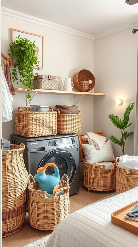 A small laundry room with stylish woven baskets for organization, a washing machine, and decorative items on shelves.