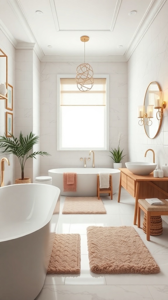 A modern luxury bathroom featuring soft peach bath mats, a freestanding tub, and stylish wooden accessories.