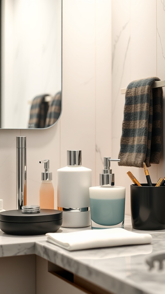 Stylish bathroom accessories on a modern countertop, featuring elegant bottles and a striped towel.